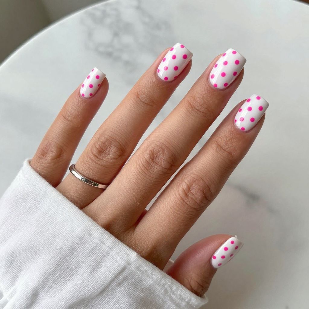 Playful Hot Pink Polka Dots on White Nails