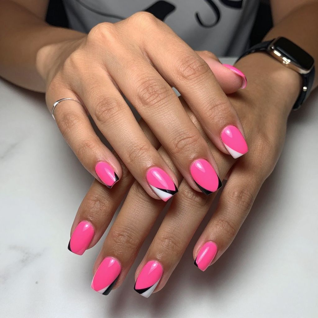 Neon Hot Pink with Color Block Accents Nails