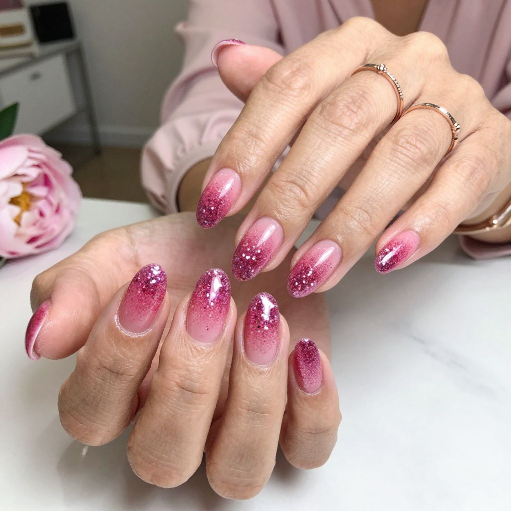 Hot Pink Glitter Gradient Glam Nails