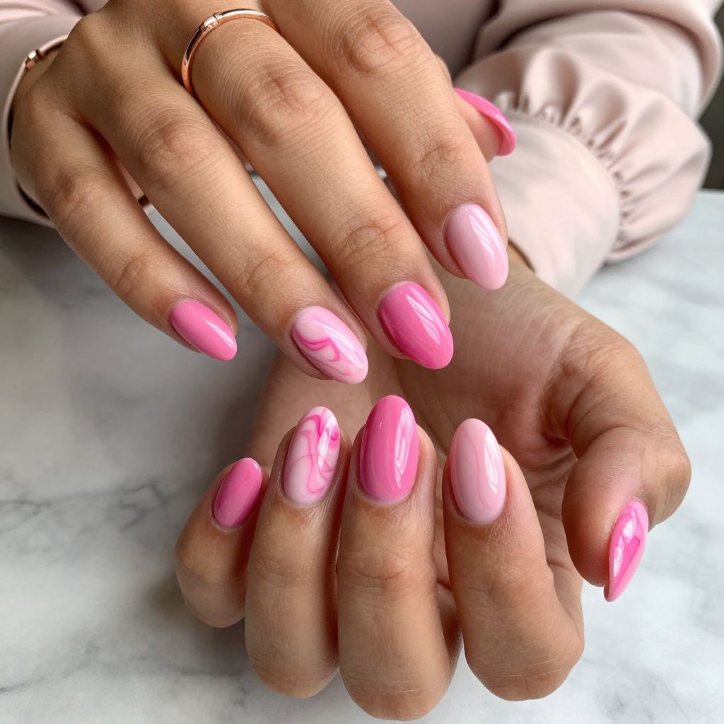 Soft Pink and Hot Pink Marble Blend Nails