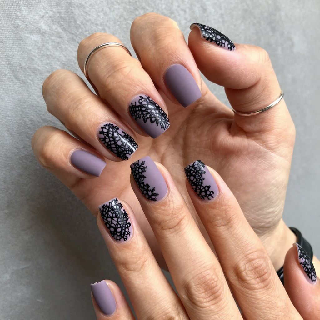 Lavender Matte with Black Lace Details