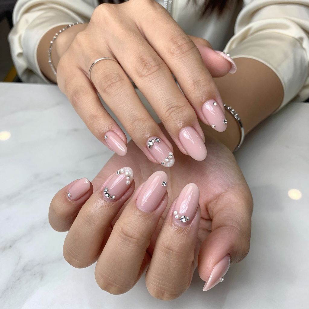Crystals and Pearls on Soft Blush Oval Nails
