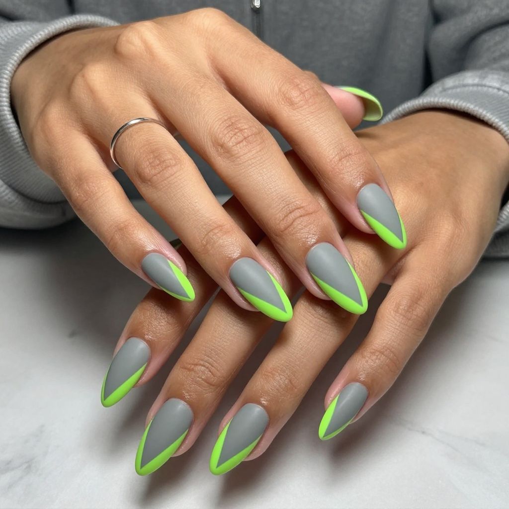 Matte Grey Nails with Neon Green Geometric Cutouts