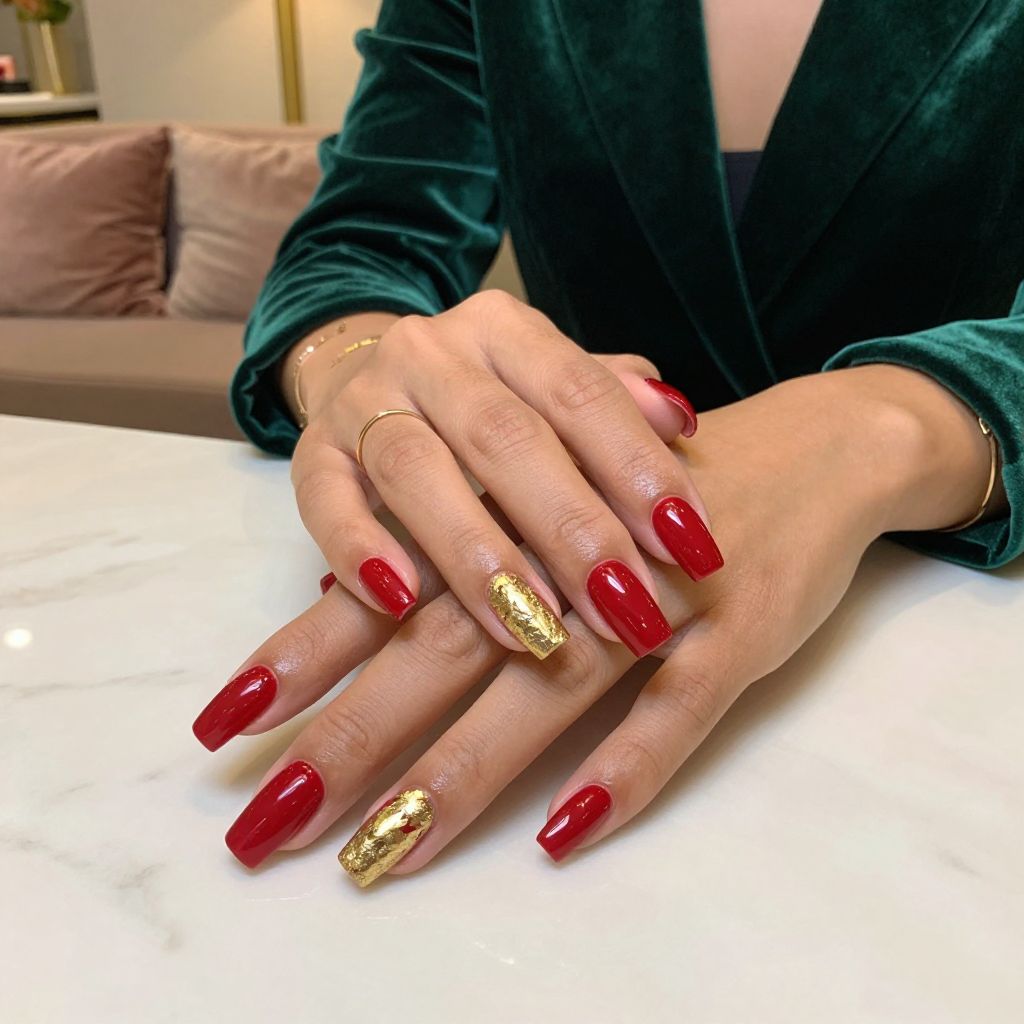 Classic Red Nails with Gold Foil Accents