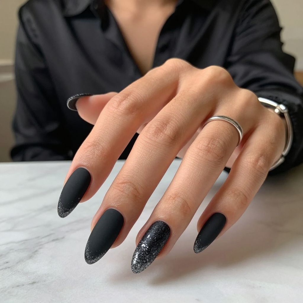 Black Matte Almond Nails with Silver Glitter Tips