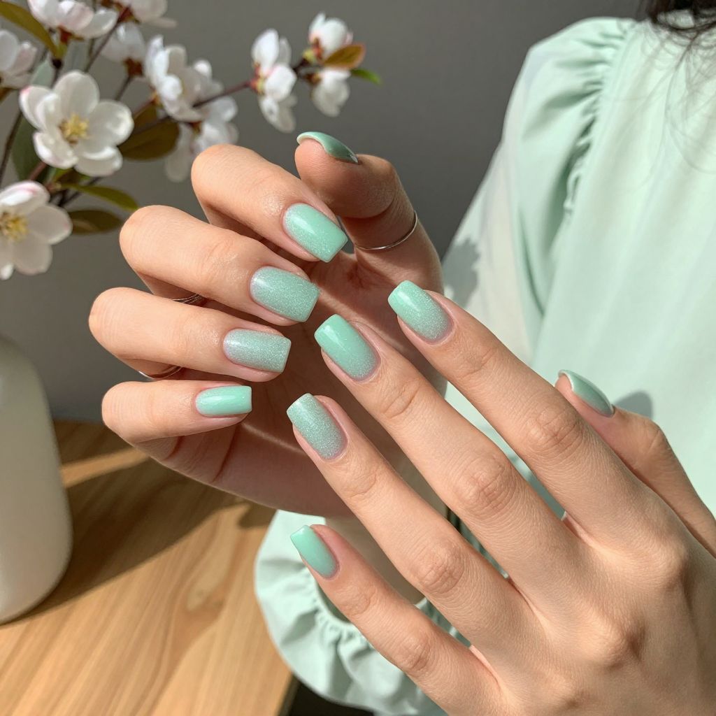 Pearly Mint Green with Subtle Glitter Gradient