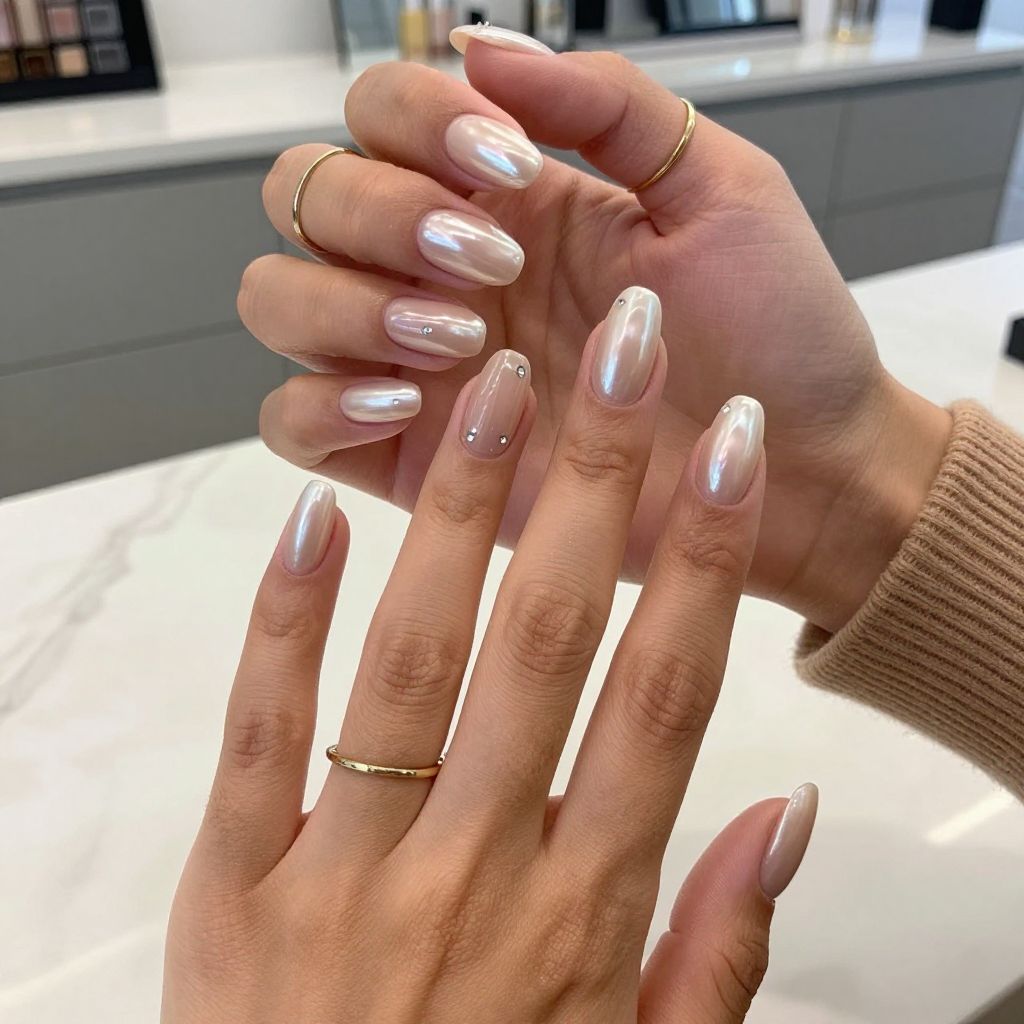 Pearlized Nude Coffin Nails with Accent Gems