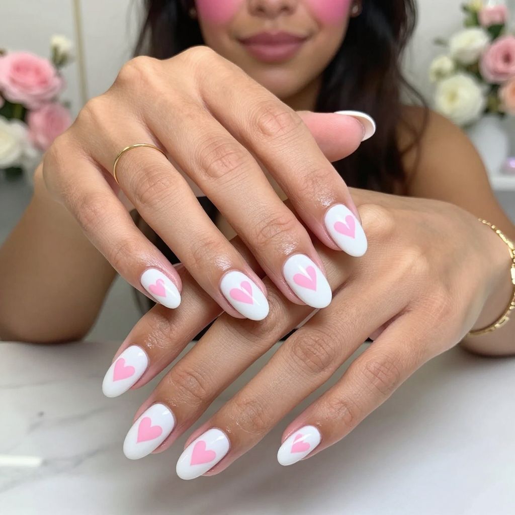 Glossy Pink Hearts on White Nail Design