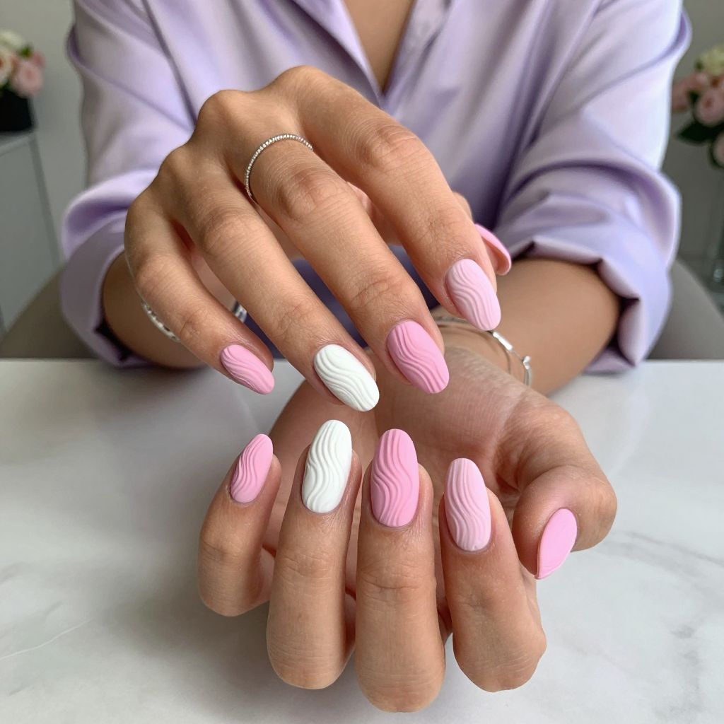 Textured Pink and White Swirls Nail Design