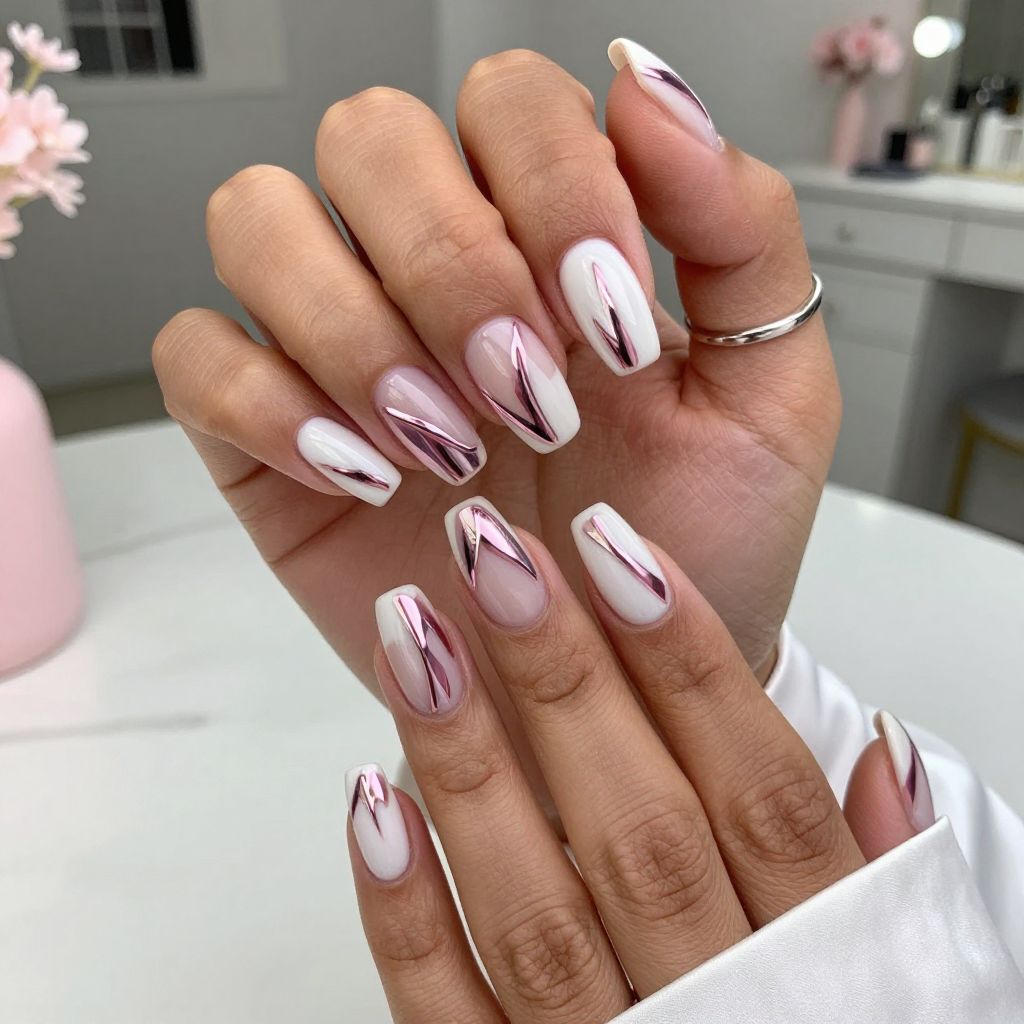 Geometric Pink and White Mirrors Nail Design