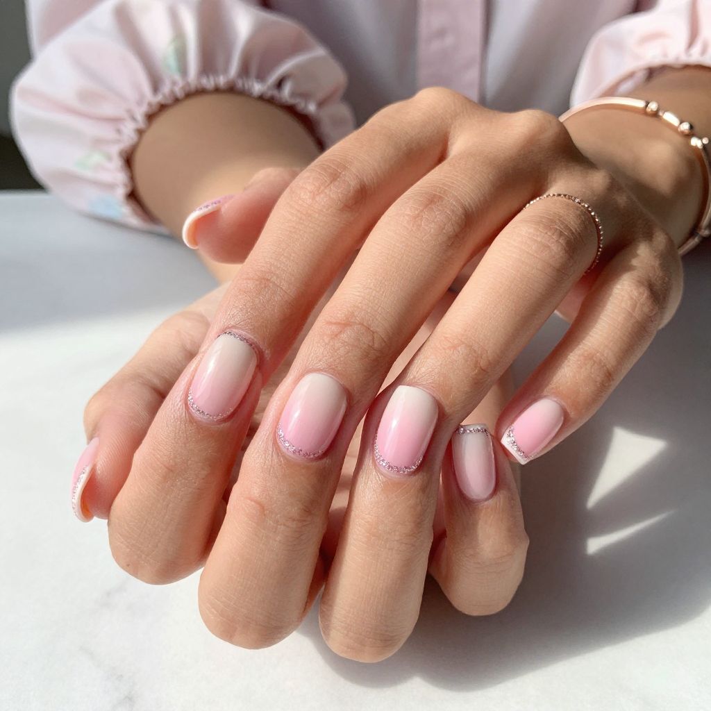 Pink Ombre French Tips with Glitter Outlines