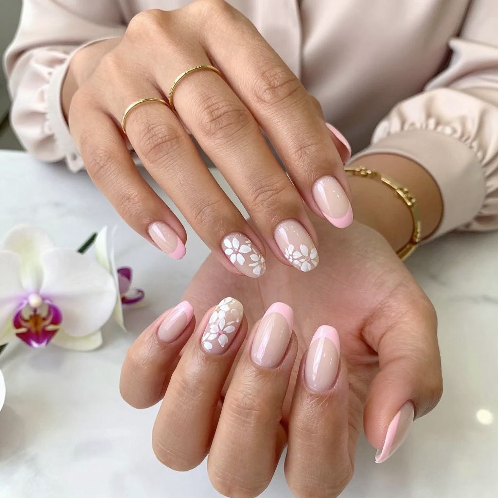 Pastel Pink Tips with Floral Decals