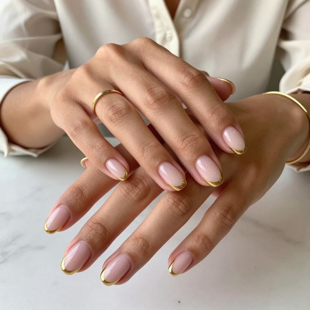 Sheer Pink with Gold French Tip Lines