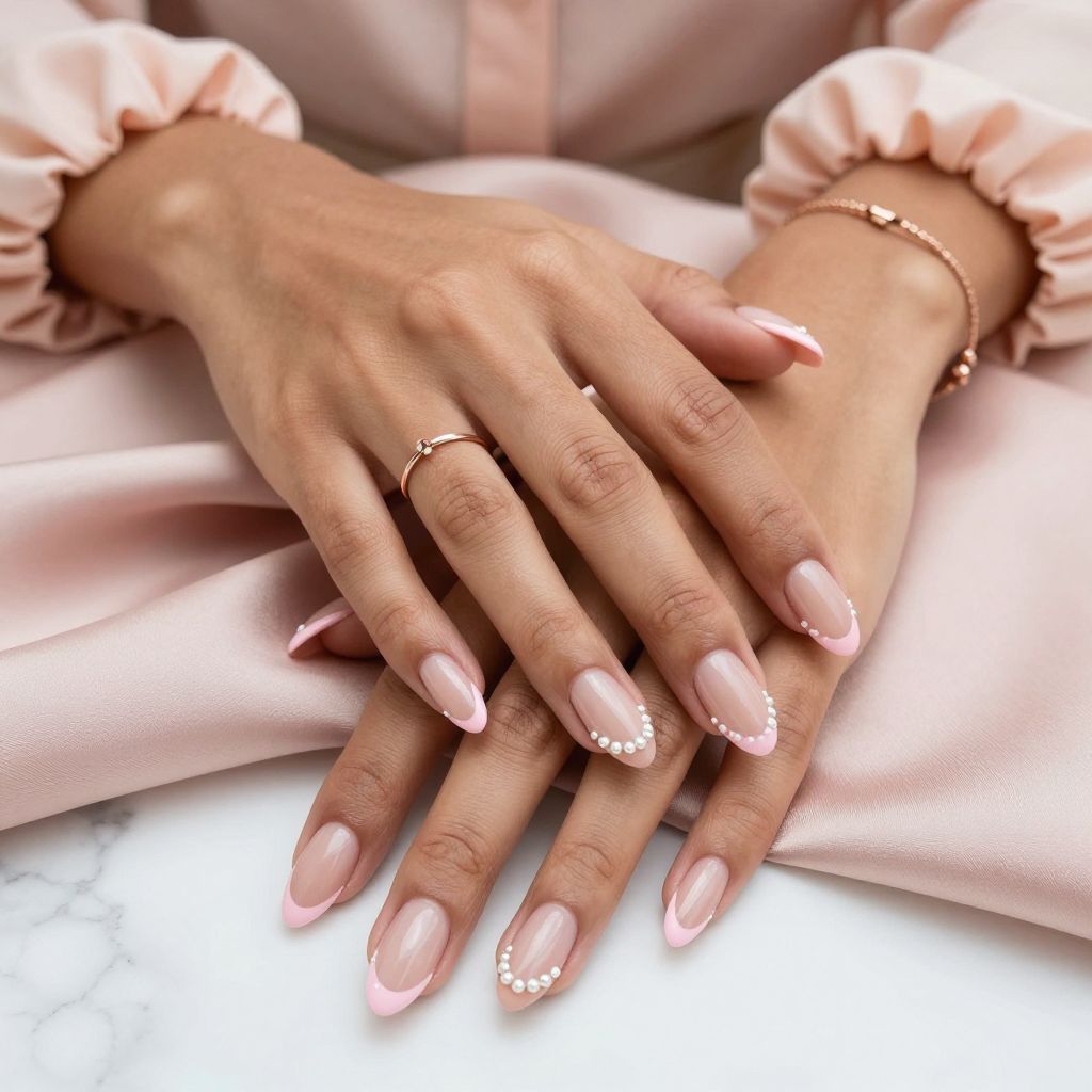 Pink French Tips with Pearl Embellishments