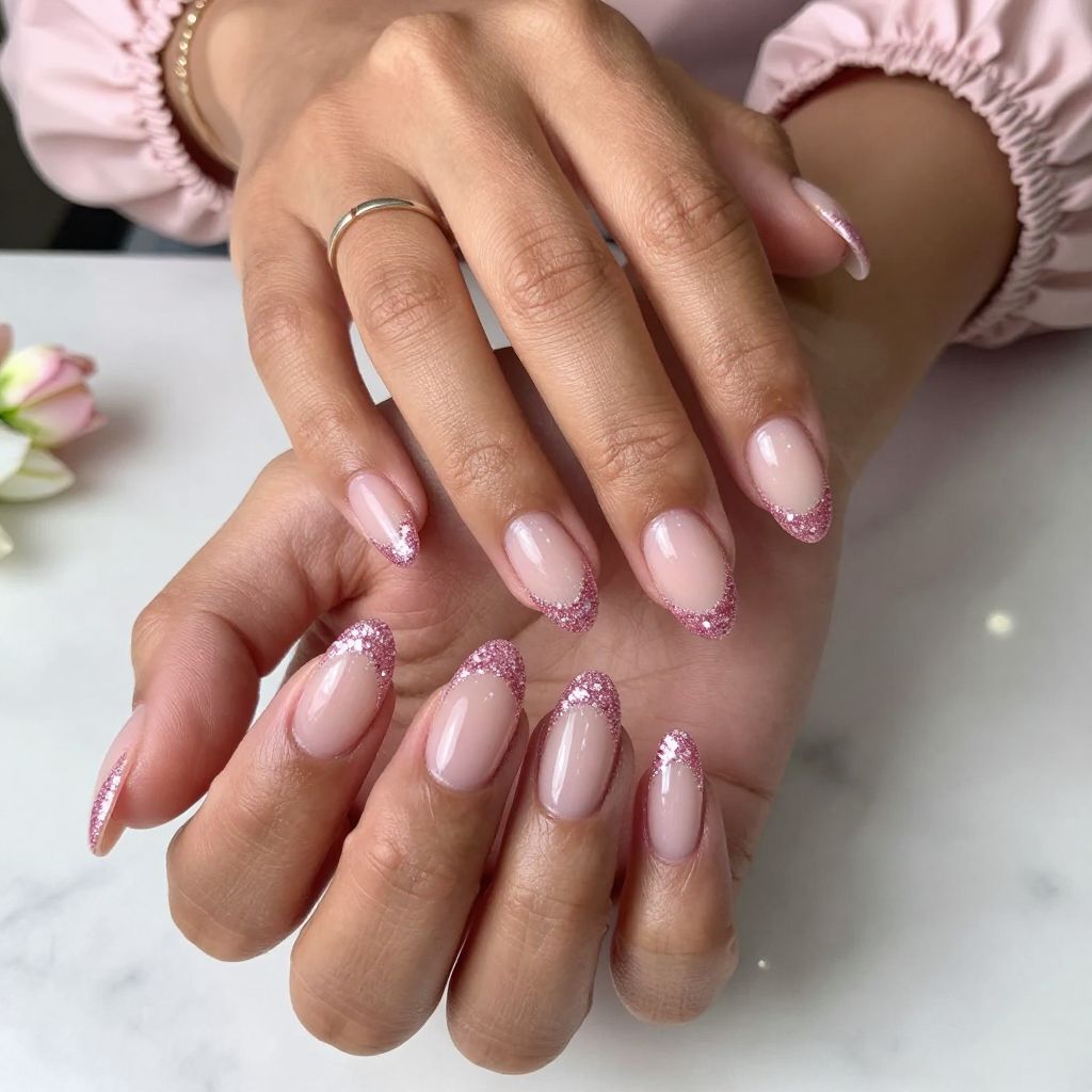 Pink Glitter French Tips with Clear Base