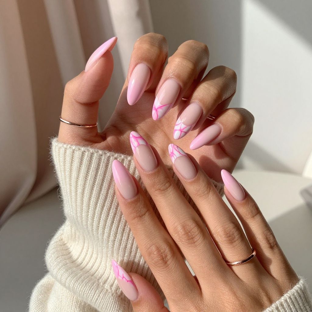 French Tips with Pink Marble Accents