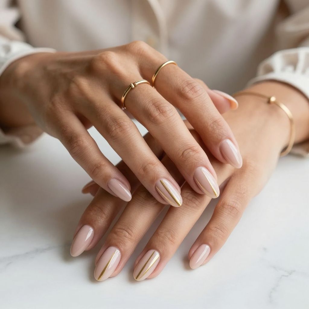 Nude Pink with Matte Gold Stripes Nails