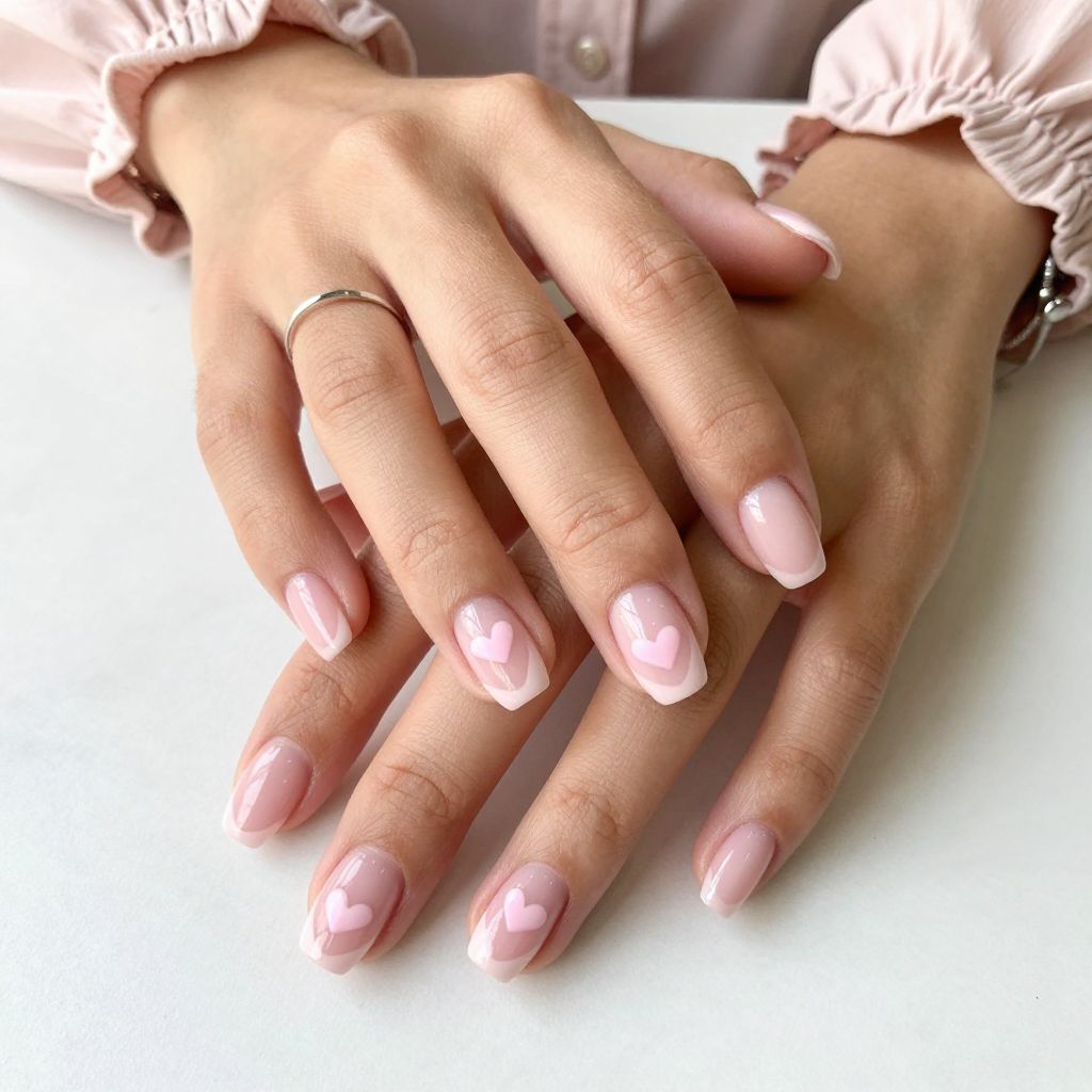 Soft Pink French with Heart Shaped Tips Nails