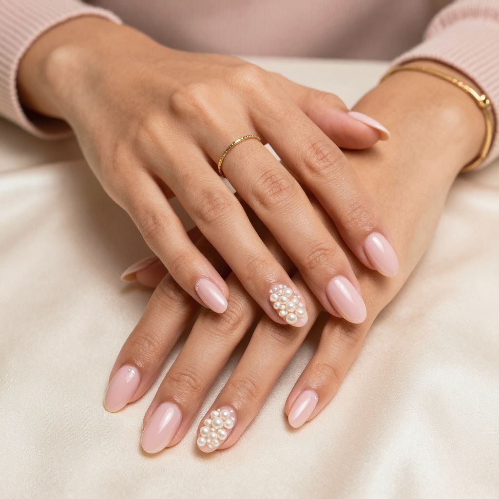 Milky Pink with Pearl Embellishments Nails