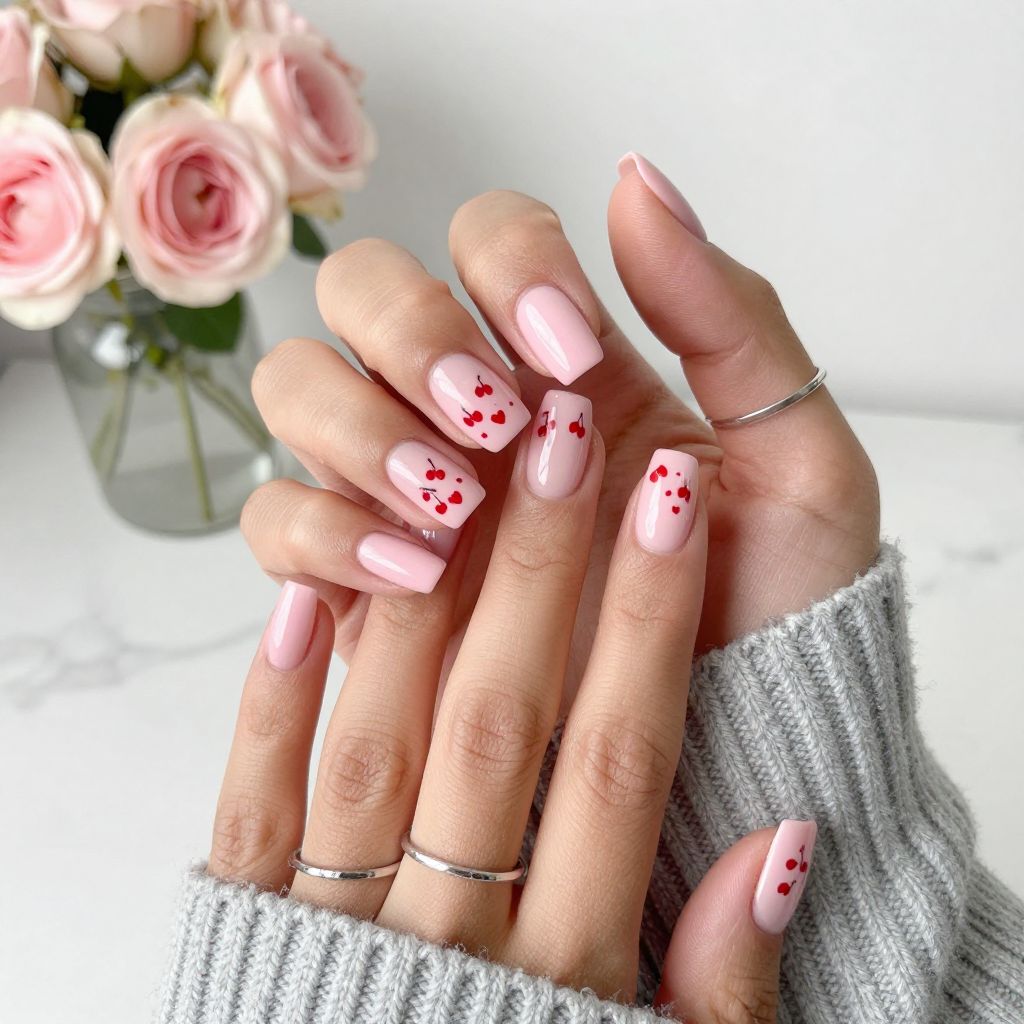 Soft Pink with Heart Accent Nails