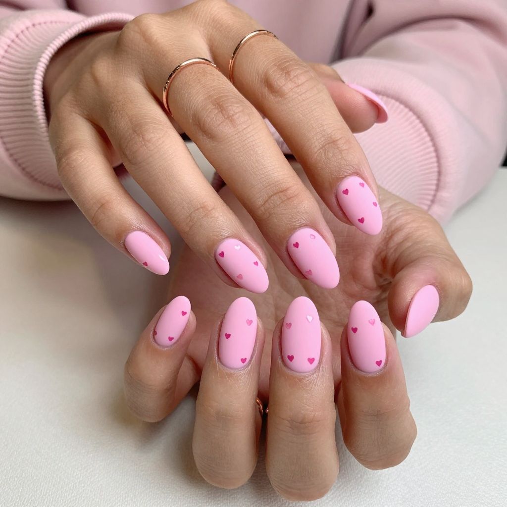 Candy Pink Matte with Glossy Hearts Nails