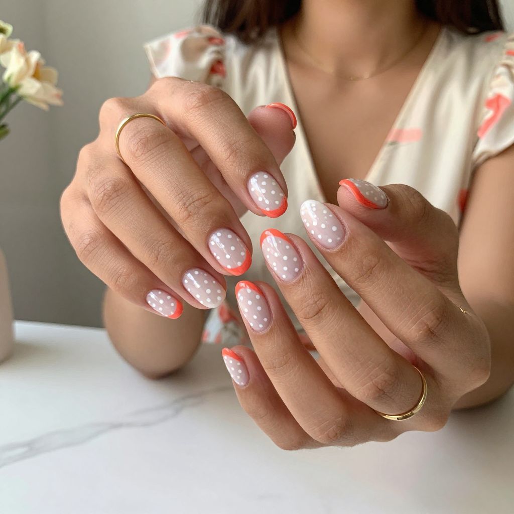 Coral Tips with White Polka Base