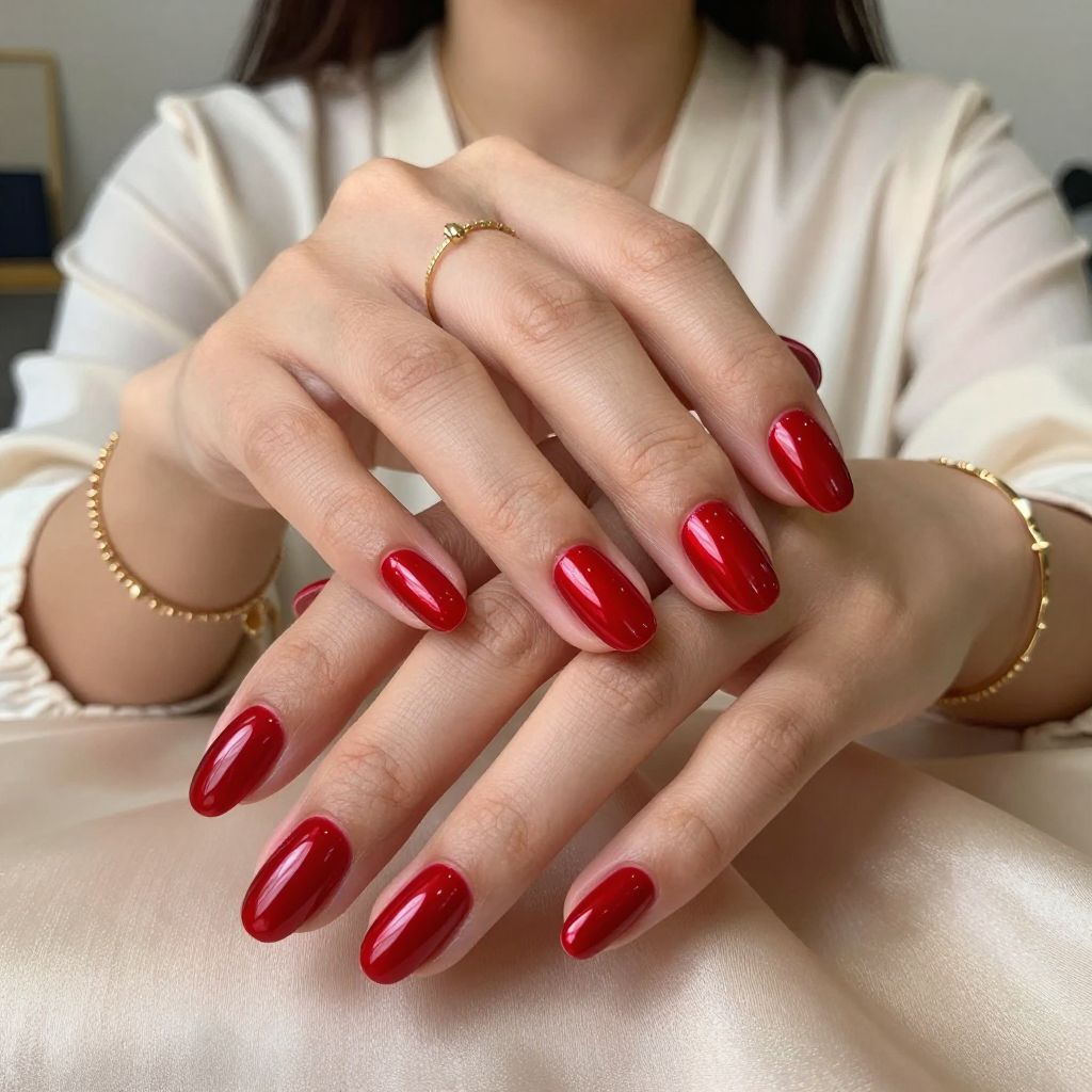 Classic Oval Red Chrome Nails