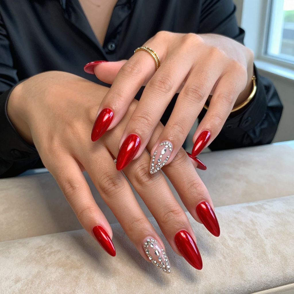 Red Chrome Stiletto Nails with Rhinestone Details