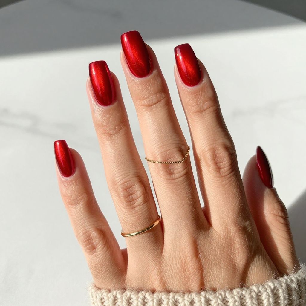 Square Nails with Ombre Red Chrome