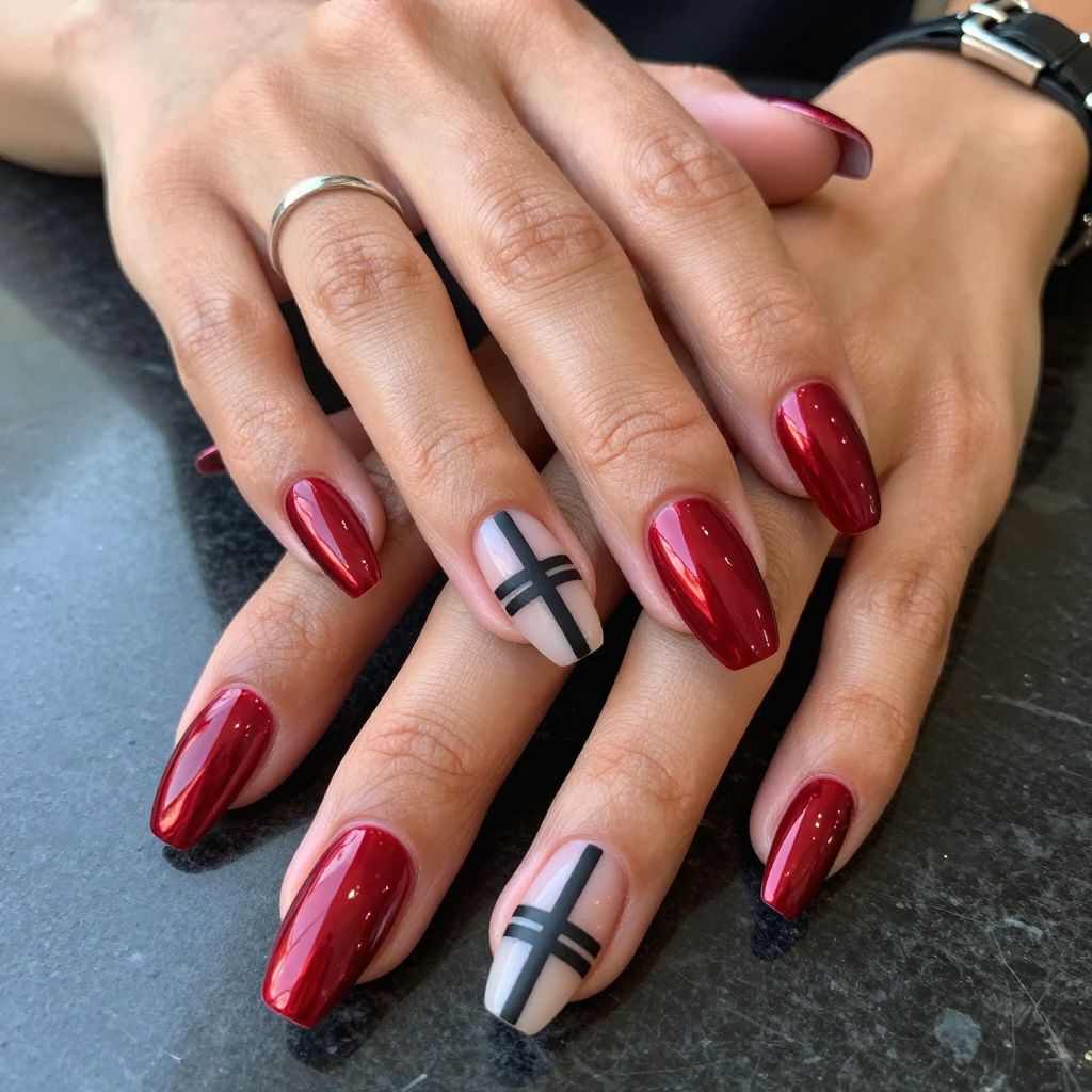 Red Chrome Coffin Nails with Matte Black Stripes