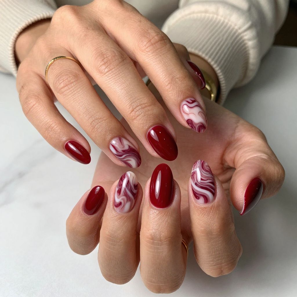 Red Marble Accent Nails