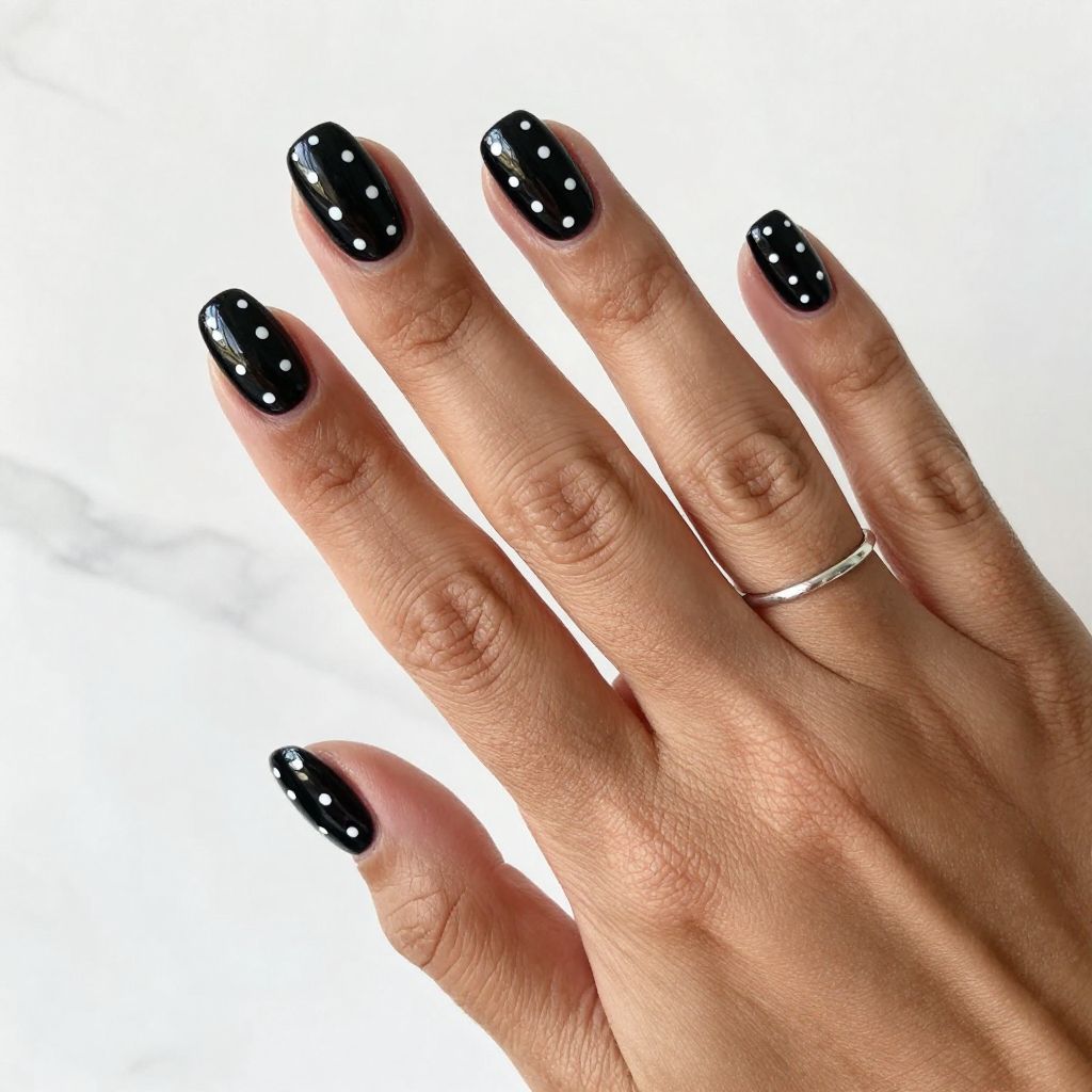 Glossy Black with White Polka Dots