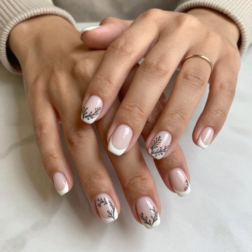 French Tips with Floral Outline