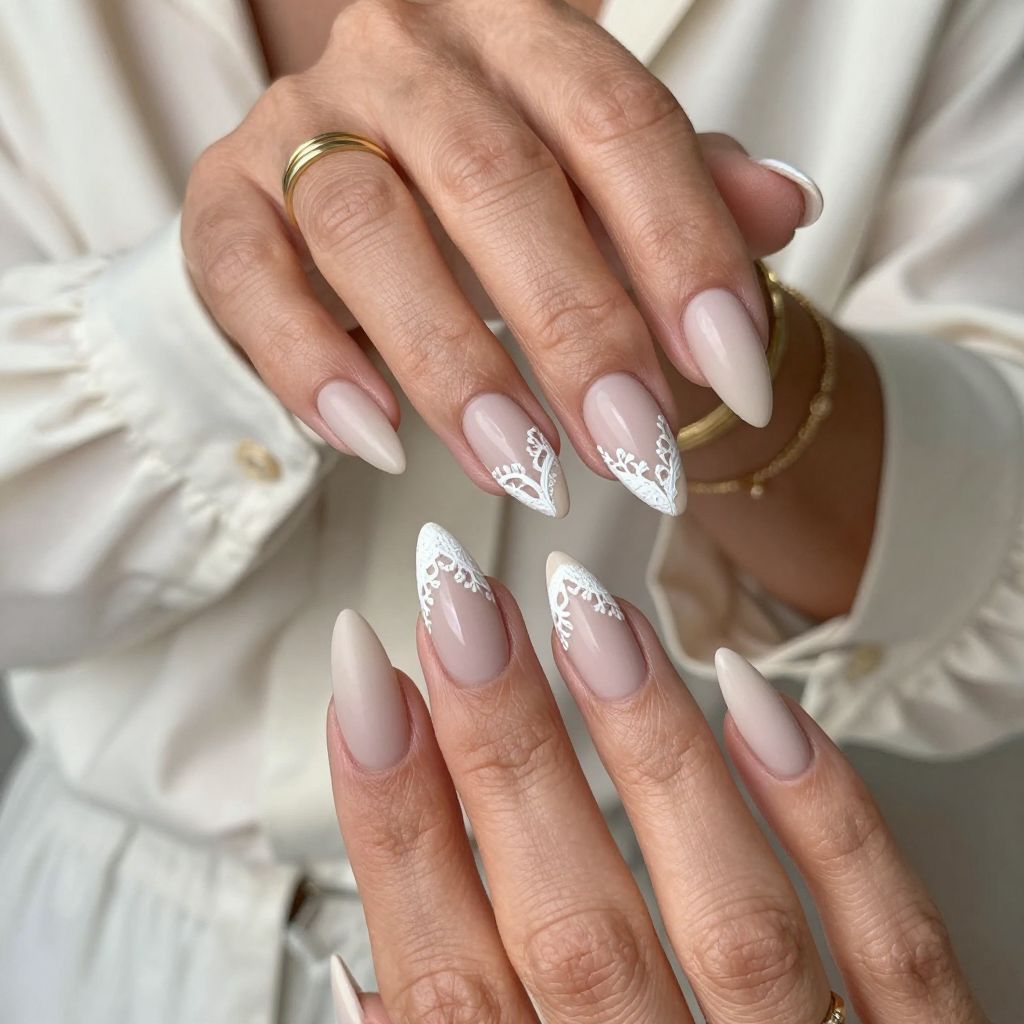 Nude Stiletto with Delicate White Lace Art