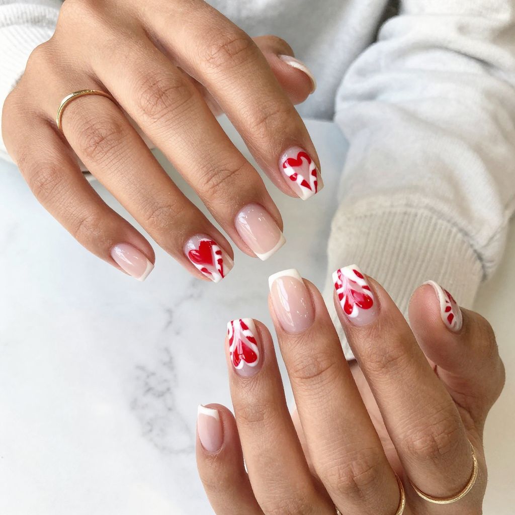 Candy Stripe Hearts on Clear Nails