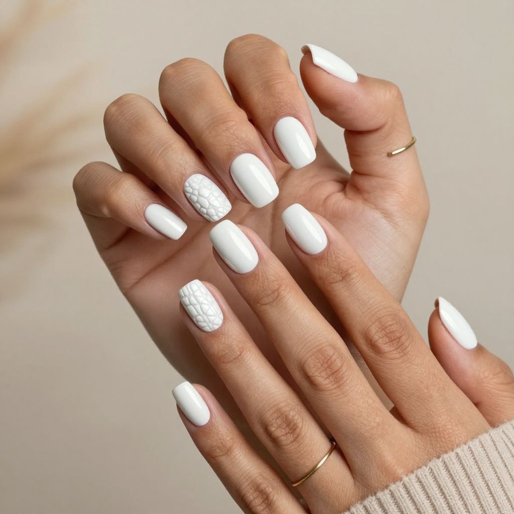 White Chrome Matte with Textured Accent Nail