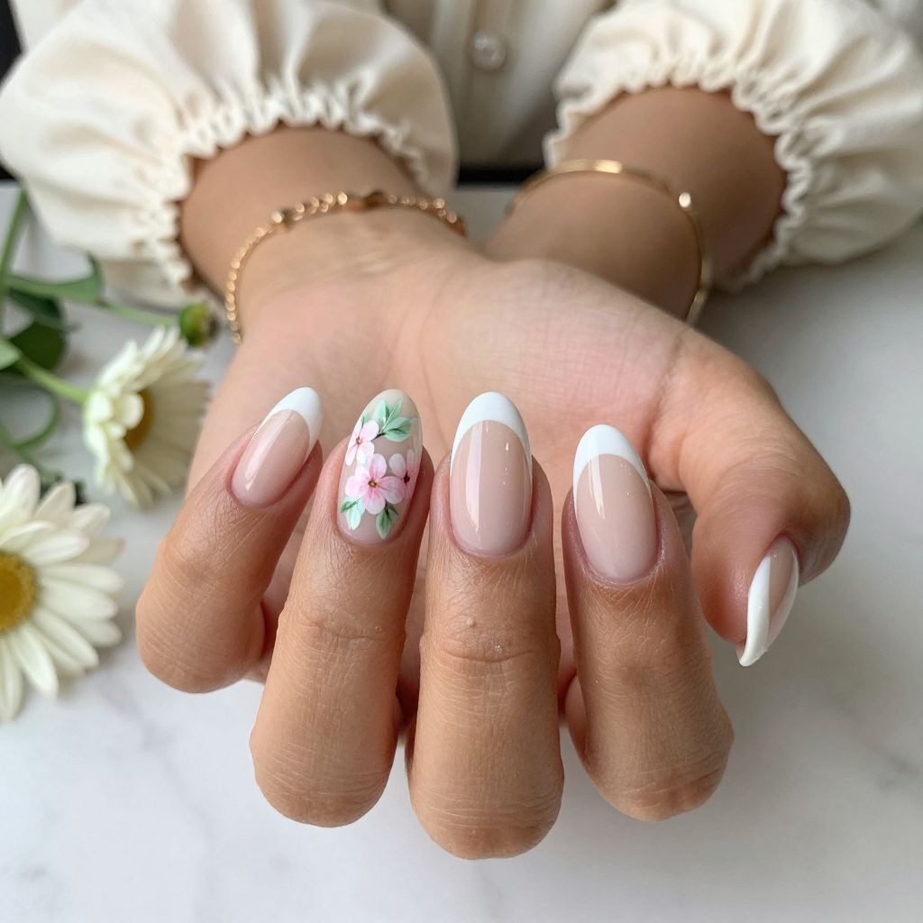 White Tips with Delicate Floral Base Art
