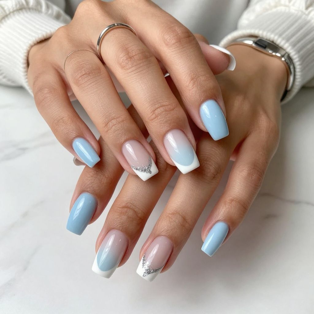 Glittery White Tips on Pale Blue Base
