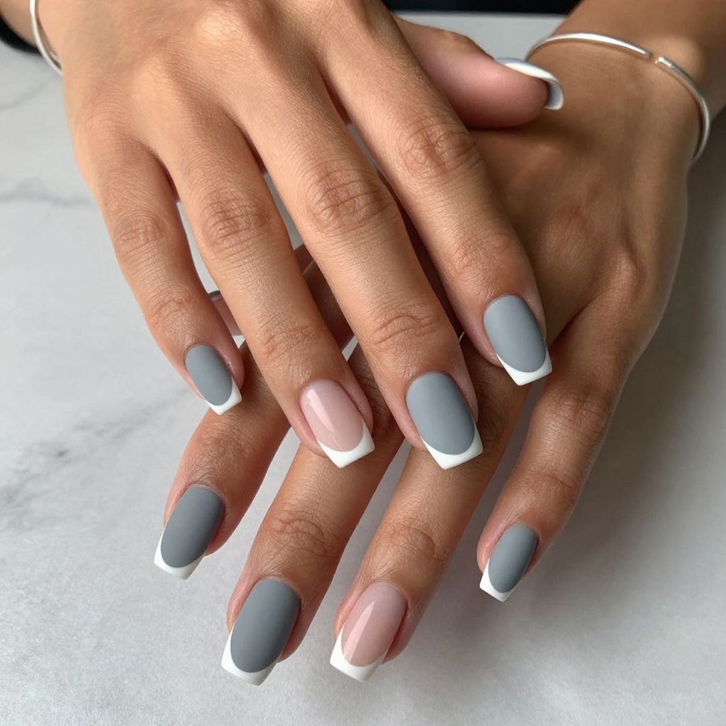 Sharp White Tips on Matte Coffin Nails
