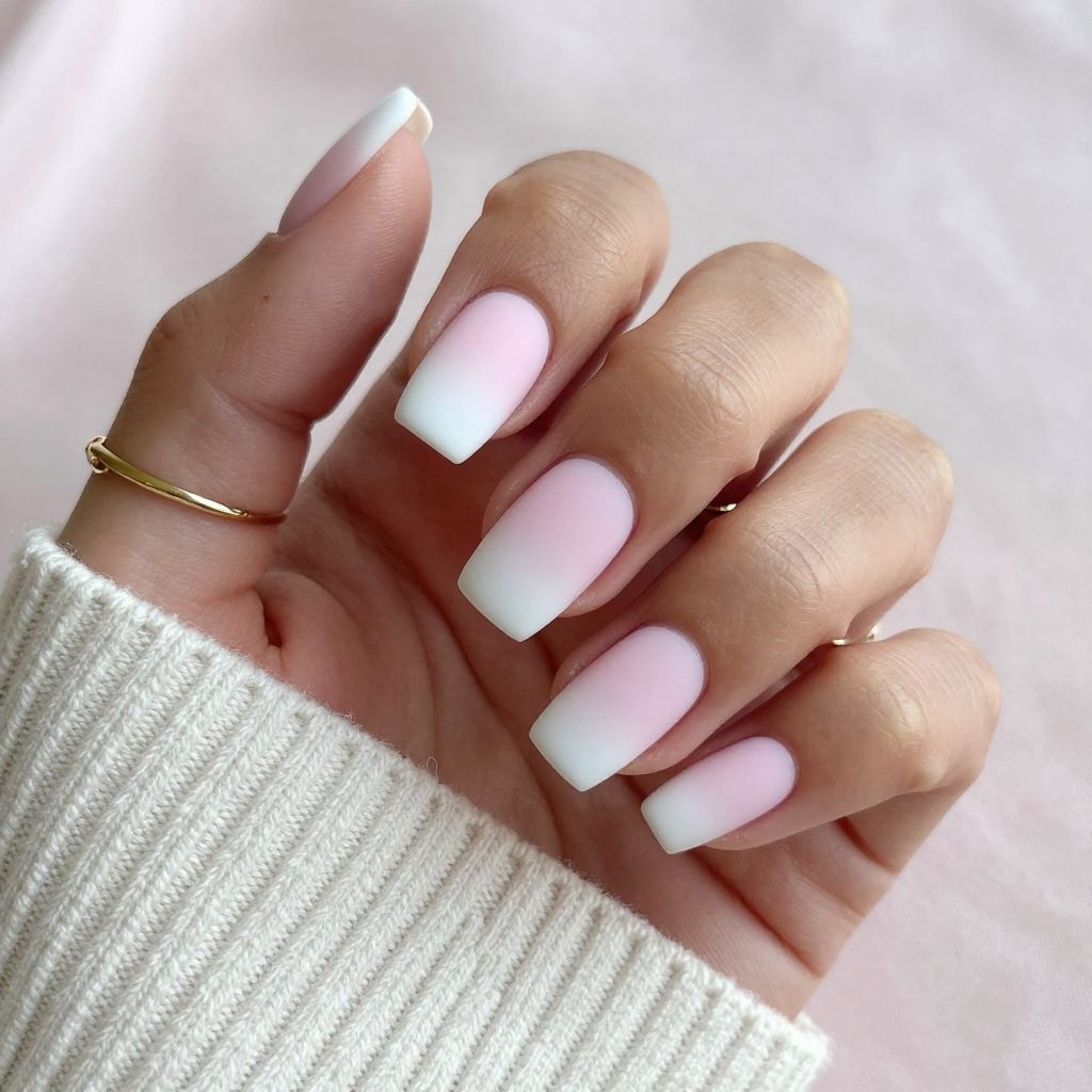 Ombre White Tips on Frosted Pink Nails