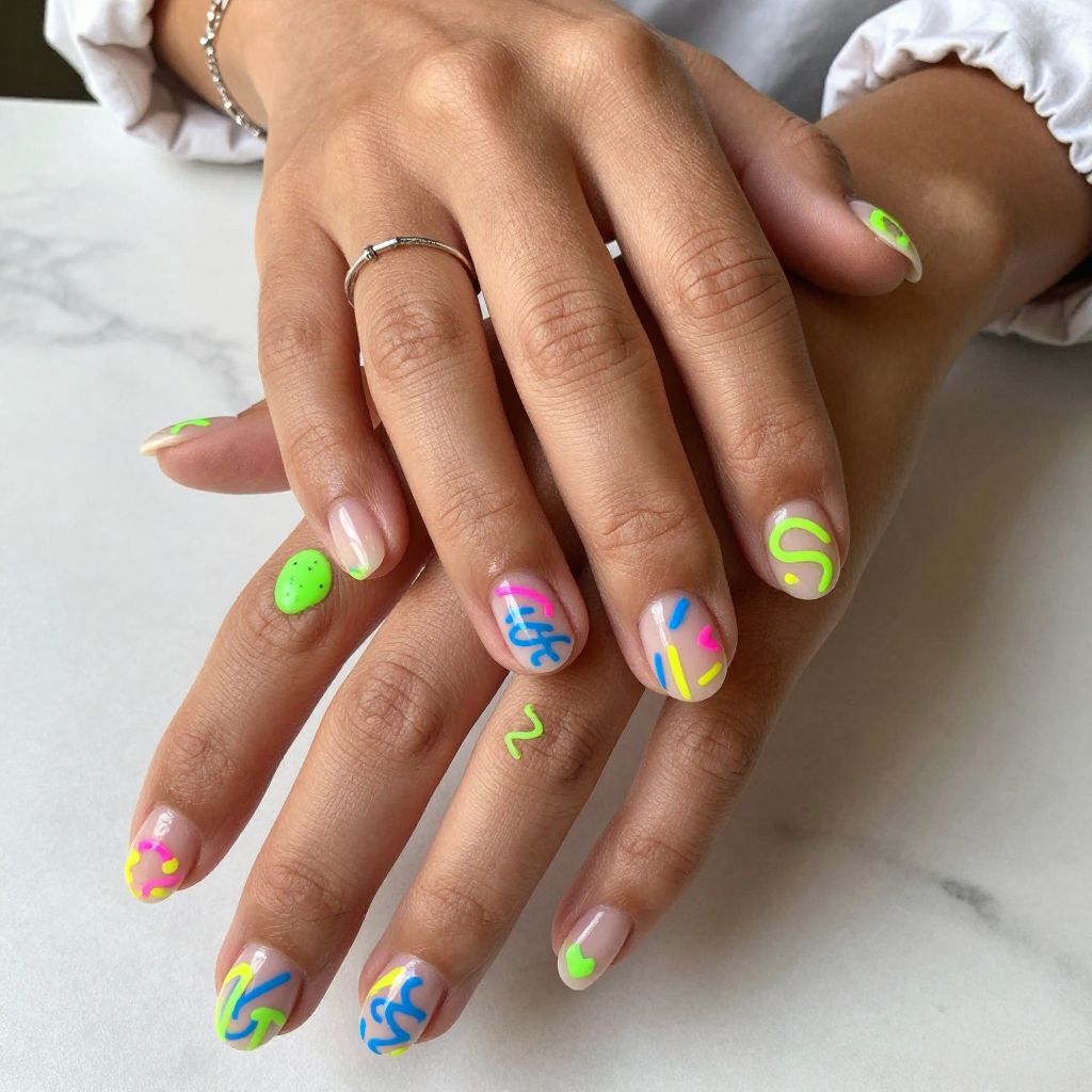 Clear Nails with Random Neon Doodles