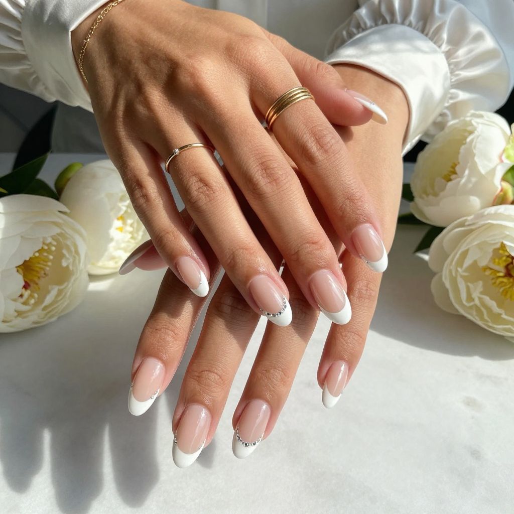 French Tips with Tiny Gem Accents