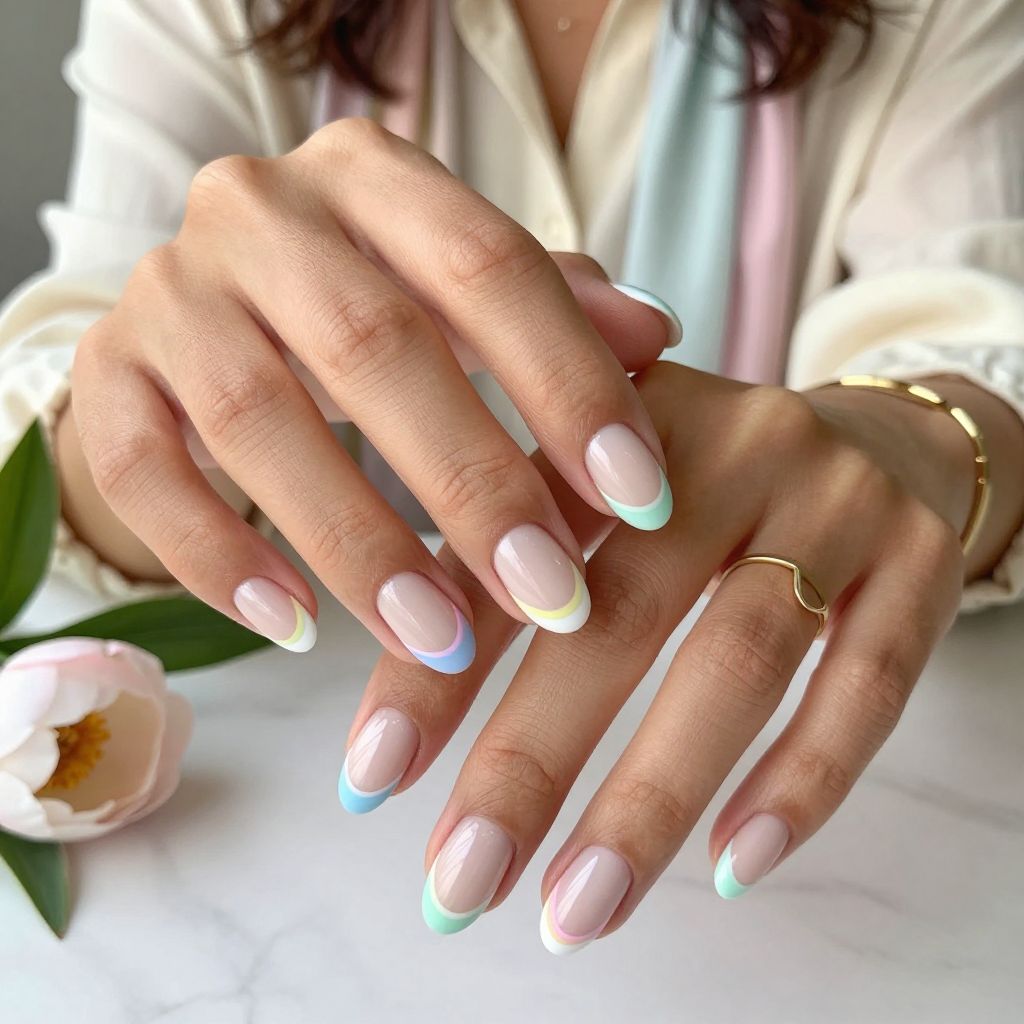 French Tips with Pastel Rainbow Lines