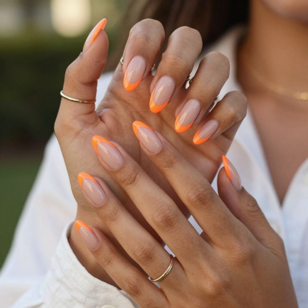 Neon Orange French Tips on Almond Nails