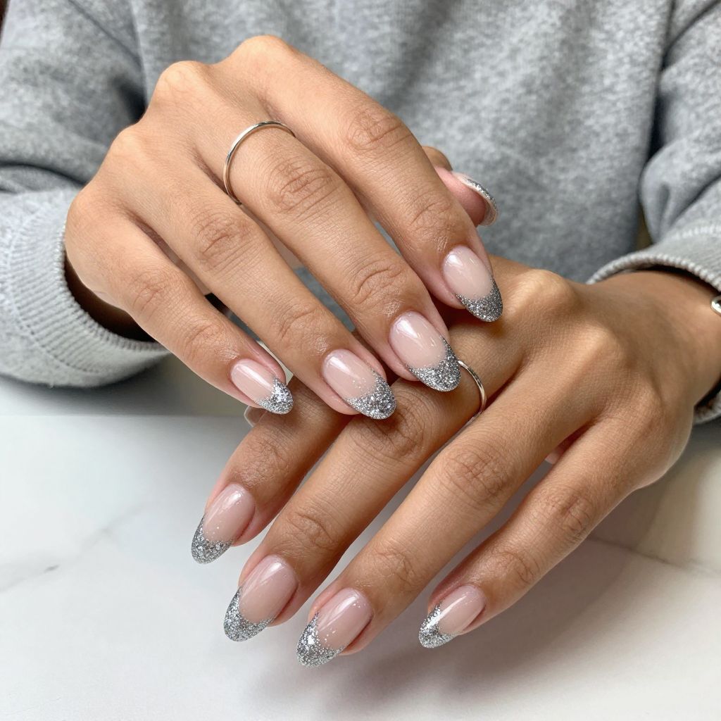 Glittered Silver Tips with Clear Almond Nails