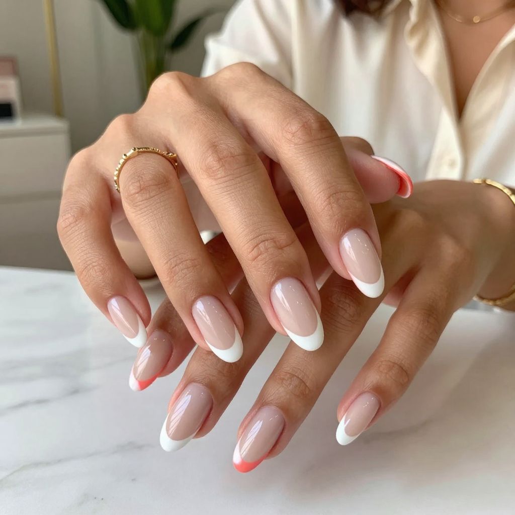 Two-Tone Almond French Tips in Coral and White