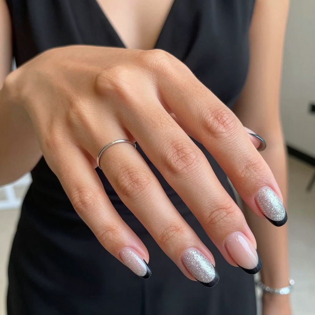 French Tips Matte Black with Sparkling Almond Base