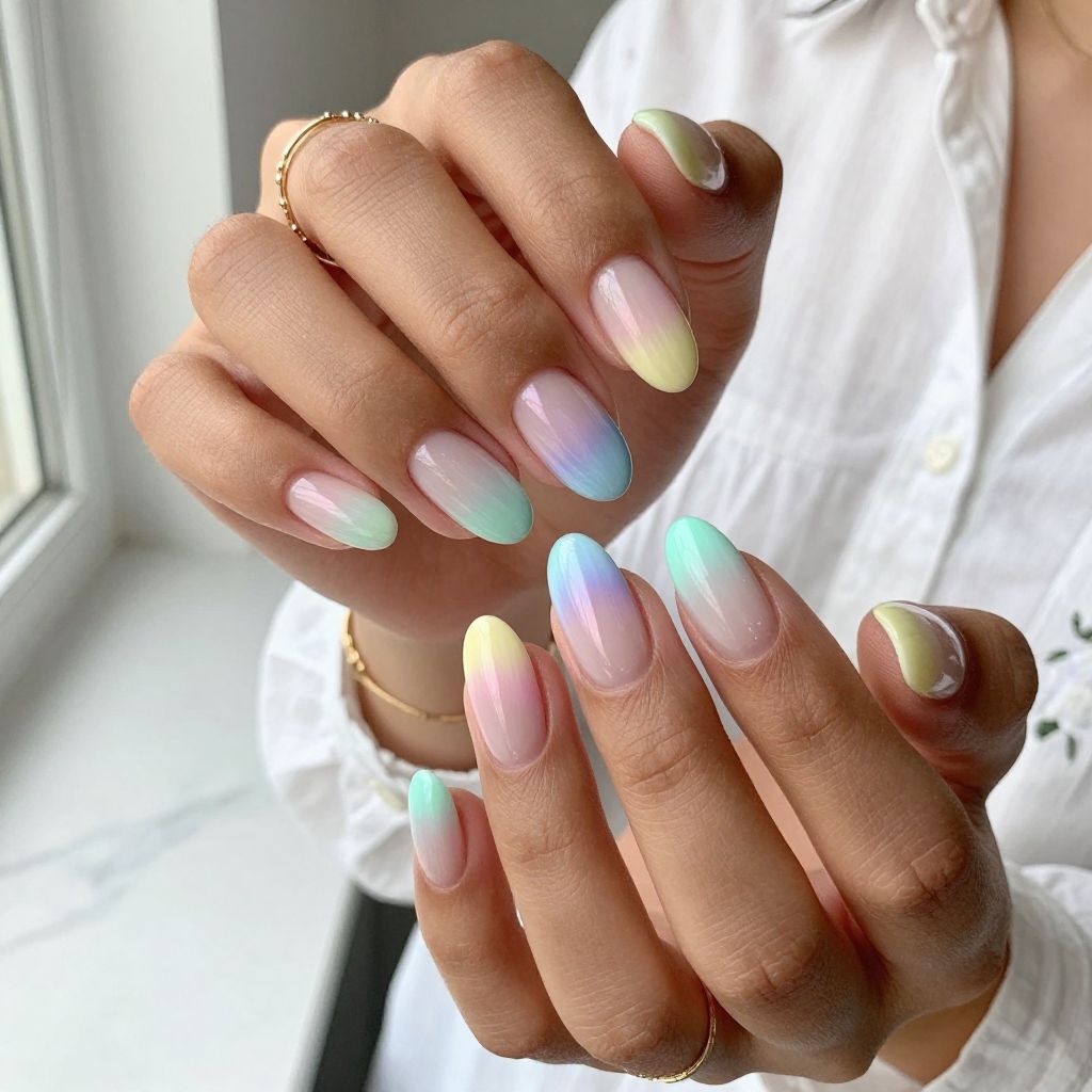 Clear Almond Nails with Pastel Rainbow French Tips