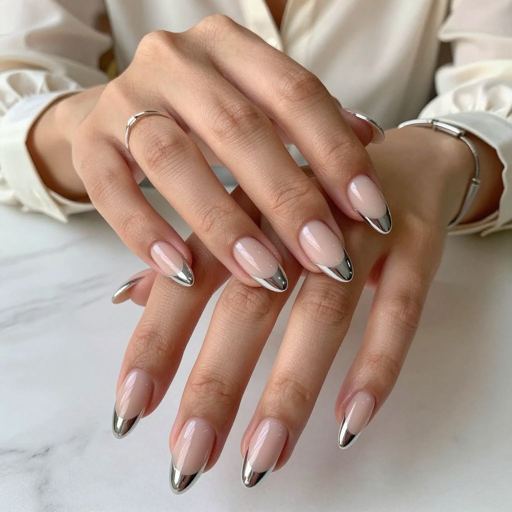 Metallic Silver Tip with Almond Nude Base