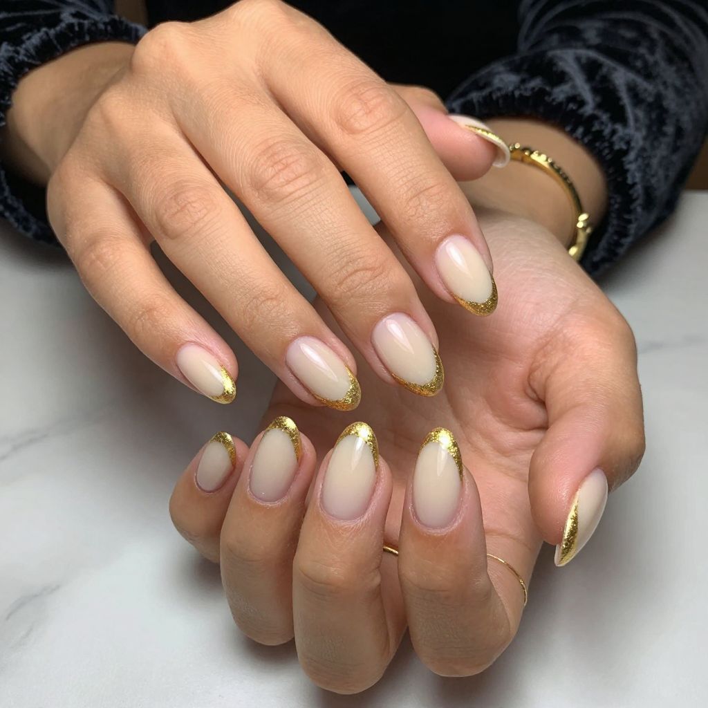 Glamorous Gold Foil French Tips on Almond Nails